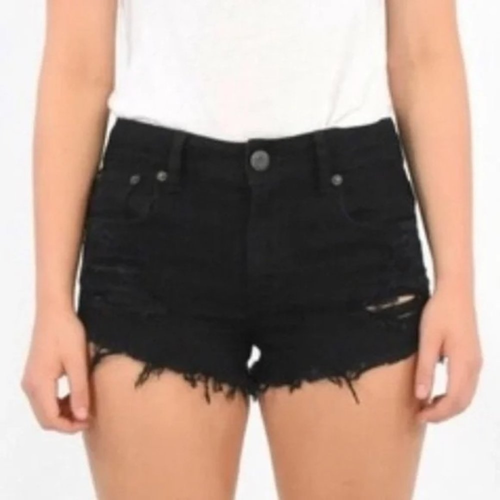 American Eagle Hi-Rise Stretch Festival Black Distressed Shorts